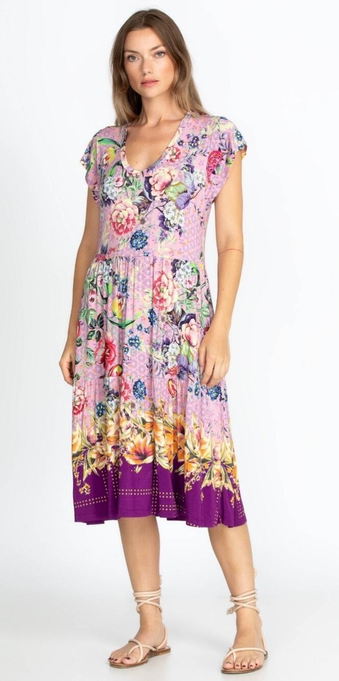 JOHNNY WAS Topiary Tiered Tea Length Dress Floral V Neck Midi Bamboo Pink | M